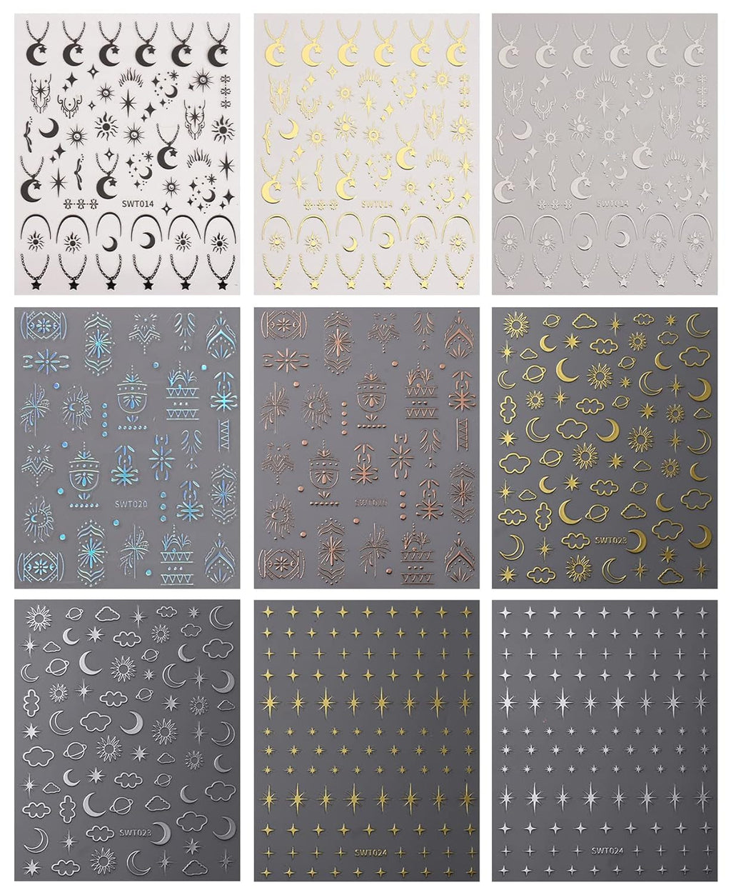 JMEOWIO Nagelsticker Mond Stern 9 Blatt Nail Art Sticker Selbstklebend Nagelaufkleber Bunter Dekoration Nageldesign Zubehör