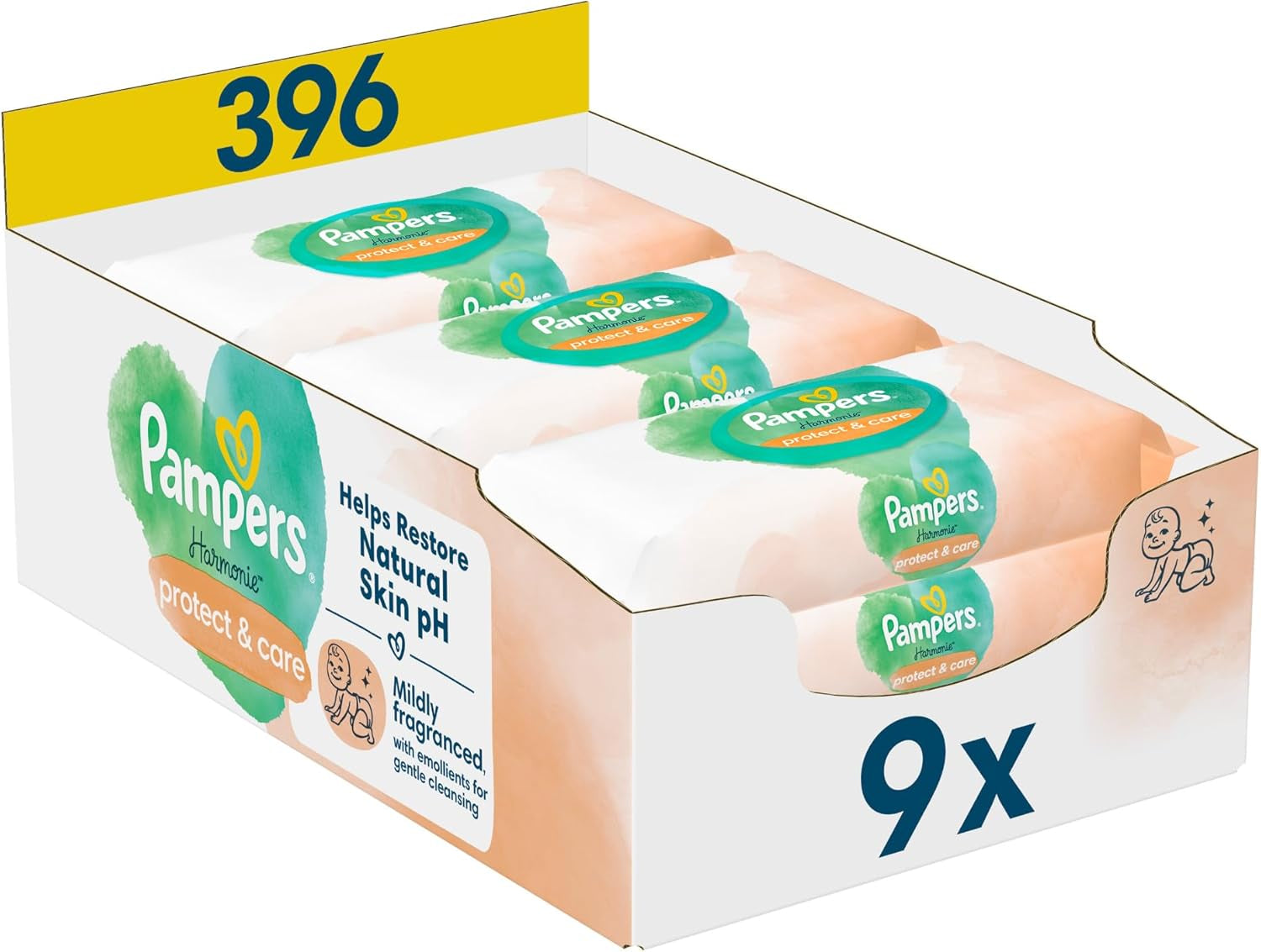 Pampers Harmonie Protect & Care wet wipes, 18 packs of 44 wipes each = 792 wipes that help restore the skin's natural pH balance