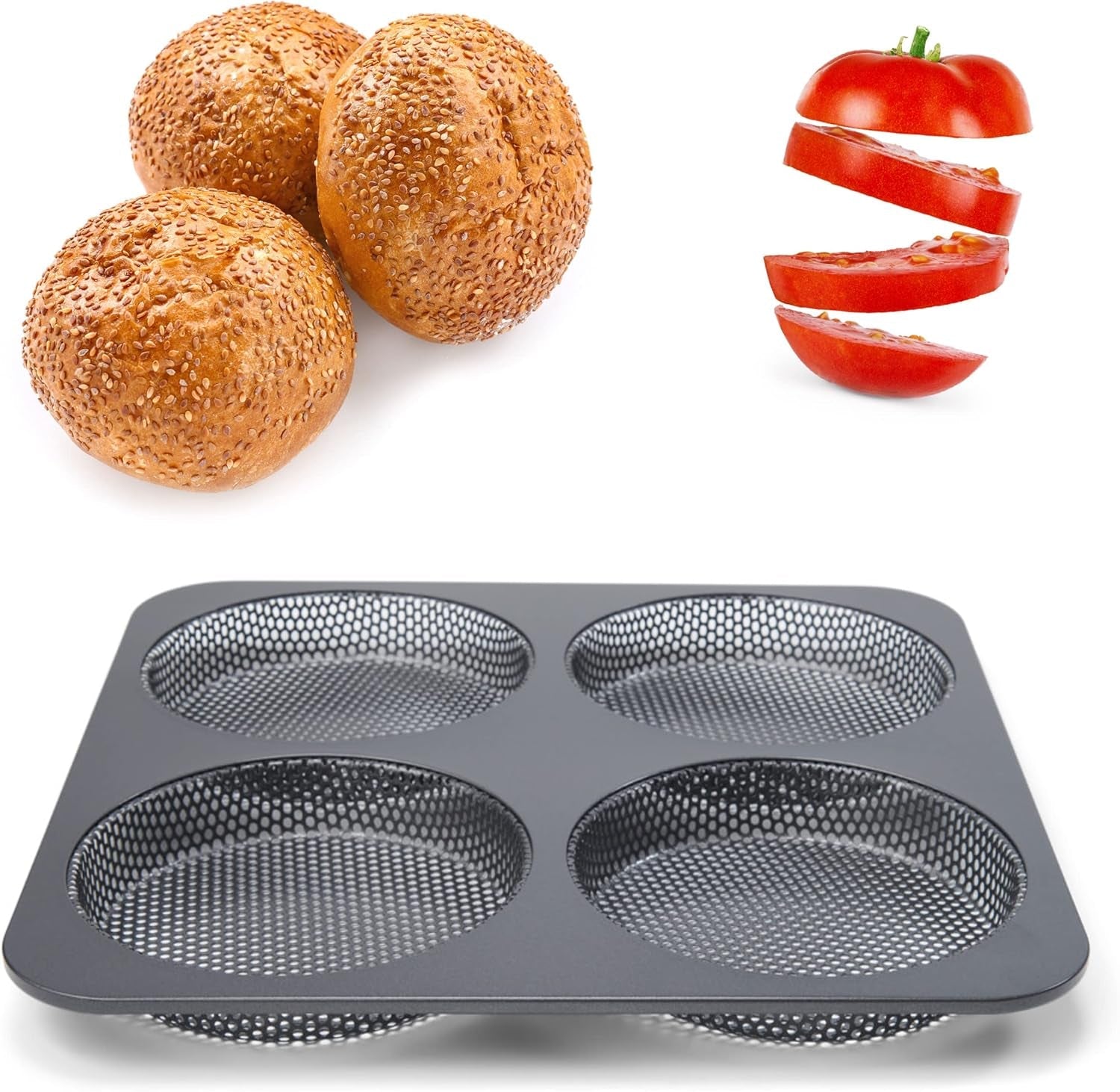 Hamburgerbrötchen, Perforiert, Antihaftbeschichte, 4 Runde Mulden Mit Je 12 Cm, Pfannengröße 28 X 28 Cm, 2.5 Cm Tief, Mittelgroß, Schwarz Molds and trays for baking Naty Shop