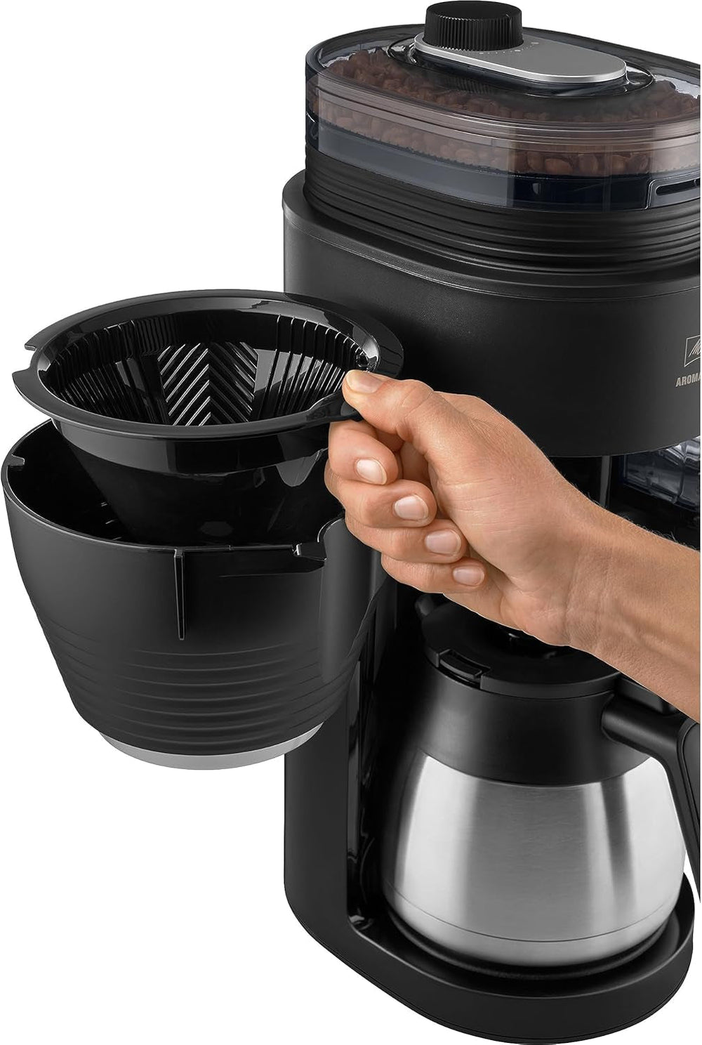 Melitta AromaFresh Therm Pro X – Espressor cu filtru, râșniță integrată, rezervor de apă detașabil, carafă termică din oțel inoxidabil și funcție de temporizator, pentru până la 8 cești de cafea, negru/argintiu