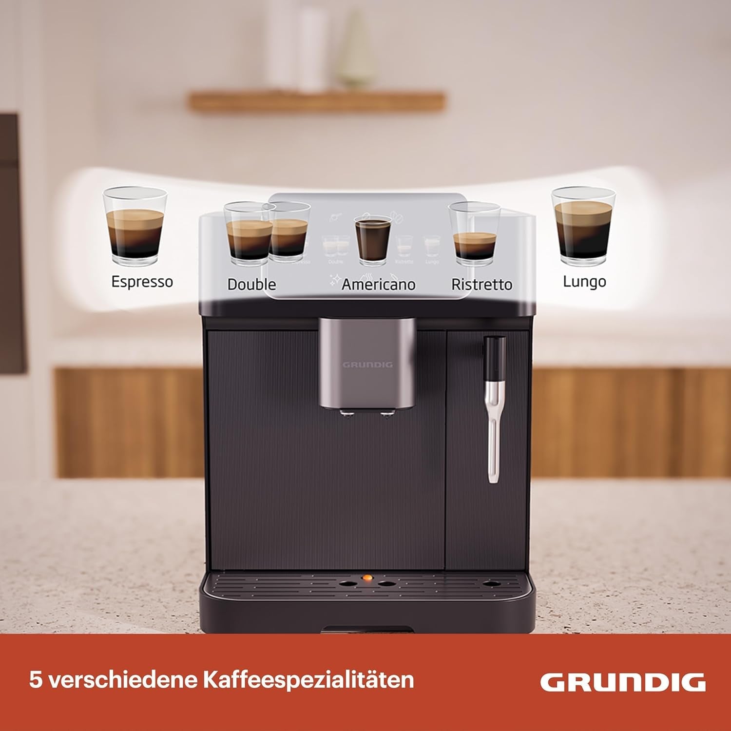 Espressor complet automat GRUNDIG KVA 6230 cu spumator de lapte, râșniță din oțel inoxidabil cu 13 setări de măcinare, recipient boabe 250 g, rezervor de apă detașabil de 2 litri, presiune pompă 19 bar, afișaj tactil, negru