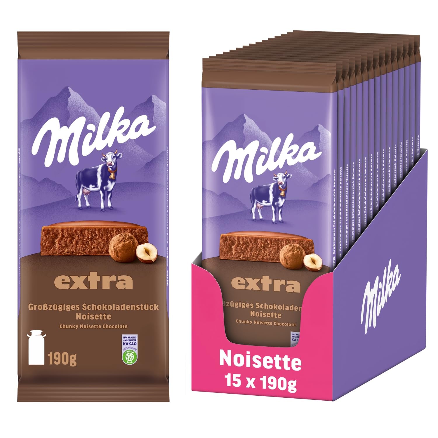 Milka Extra Noisette – Alpine milk chocolate with delicate and creamy hazelnut filling – 15 x 190 g