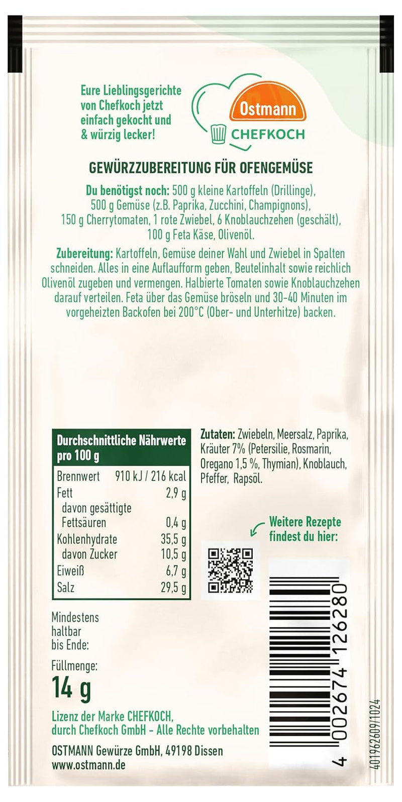 Ostmann Gewürze x Chefkoch - Ofengemüse Gewürzzubereitung | Abgestimmt auf 4 Portionen | Including Schritt-für-Schritt-Rezept und Mengenangaben | 14 g in Bag