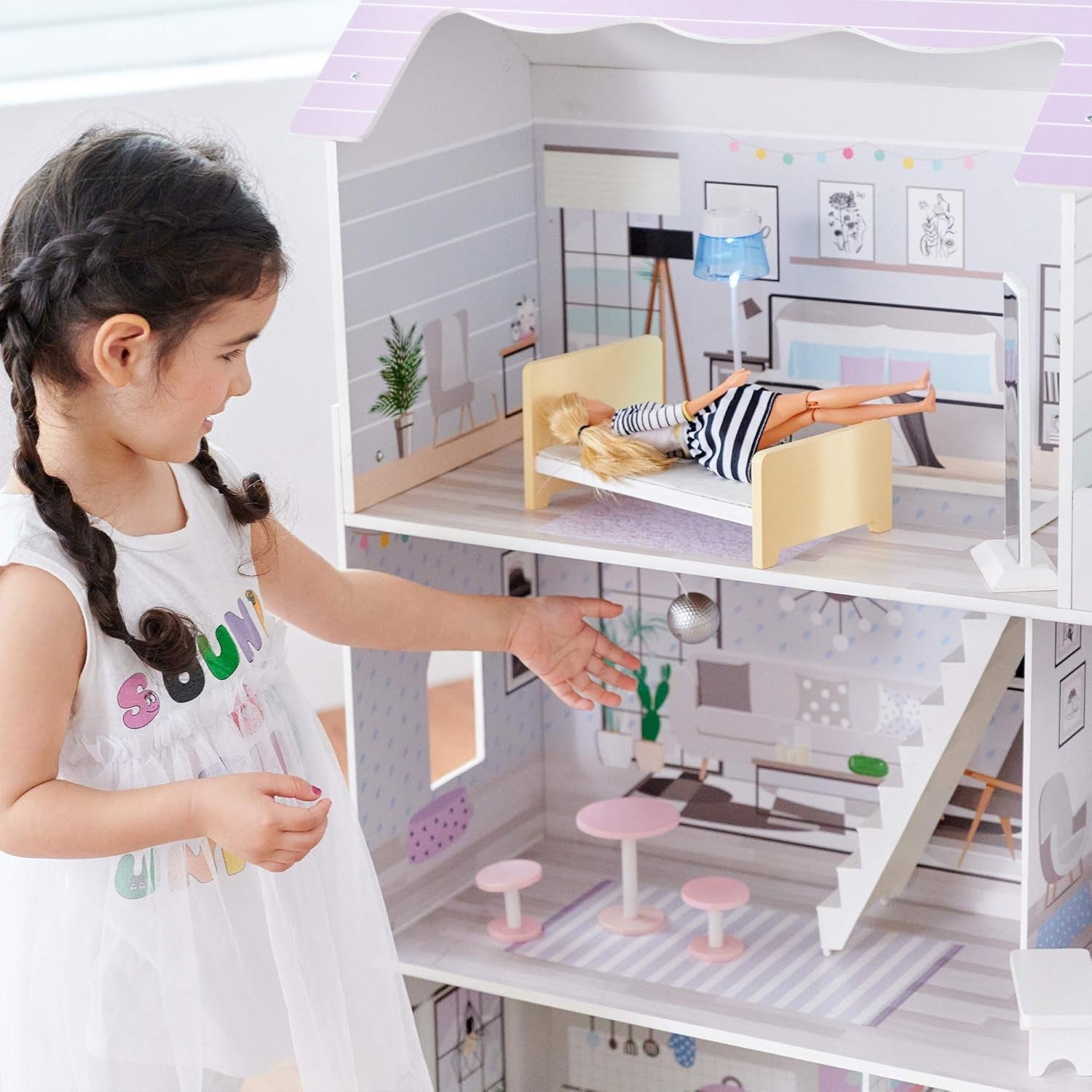 Teamson Kids Olivias Little World Giant Doll House with 16 Doll Accessories, Wooden Dollhouse with Furniture, 3-Story, Children's Doll House for 12 Inch/30cm Dolls, Age 3 Years+ Naty Shop Doll Houses