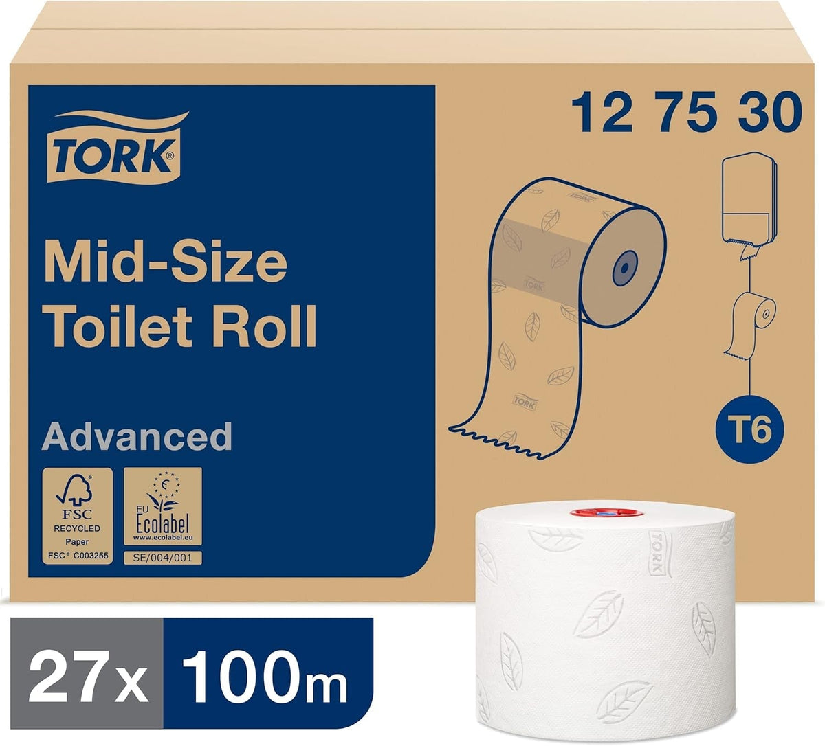 Tork 127530 Hârtie igienică Midi moale de calitate avansată pentru dispenserul de hârtie igienică Tork T6 cu rolă dublă / hârtie igienică cu 2 straturi moale și rezistentă la rupere, pachet de 27 (27 X 100 metri)