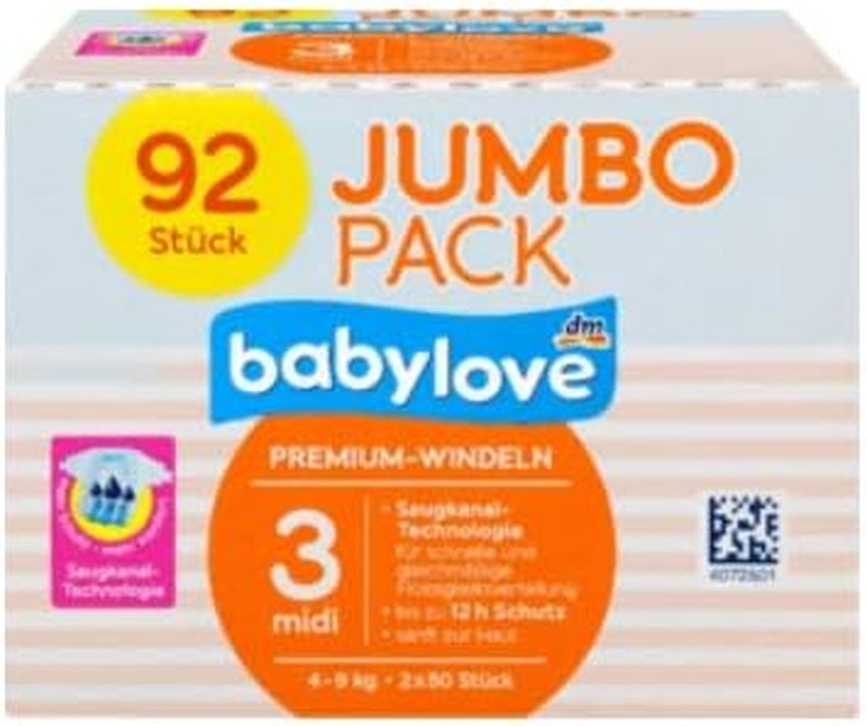 Scutece Babylove Premium Mărimea 3 Midi 4-9 kg, pachet de 92, pachet XL