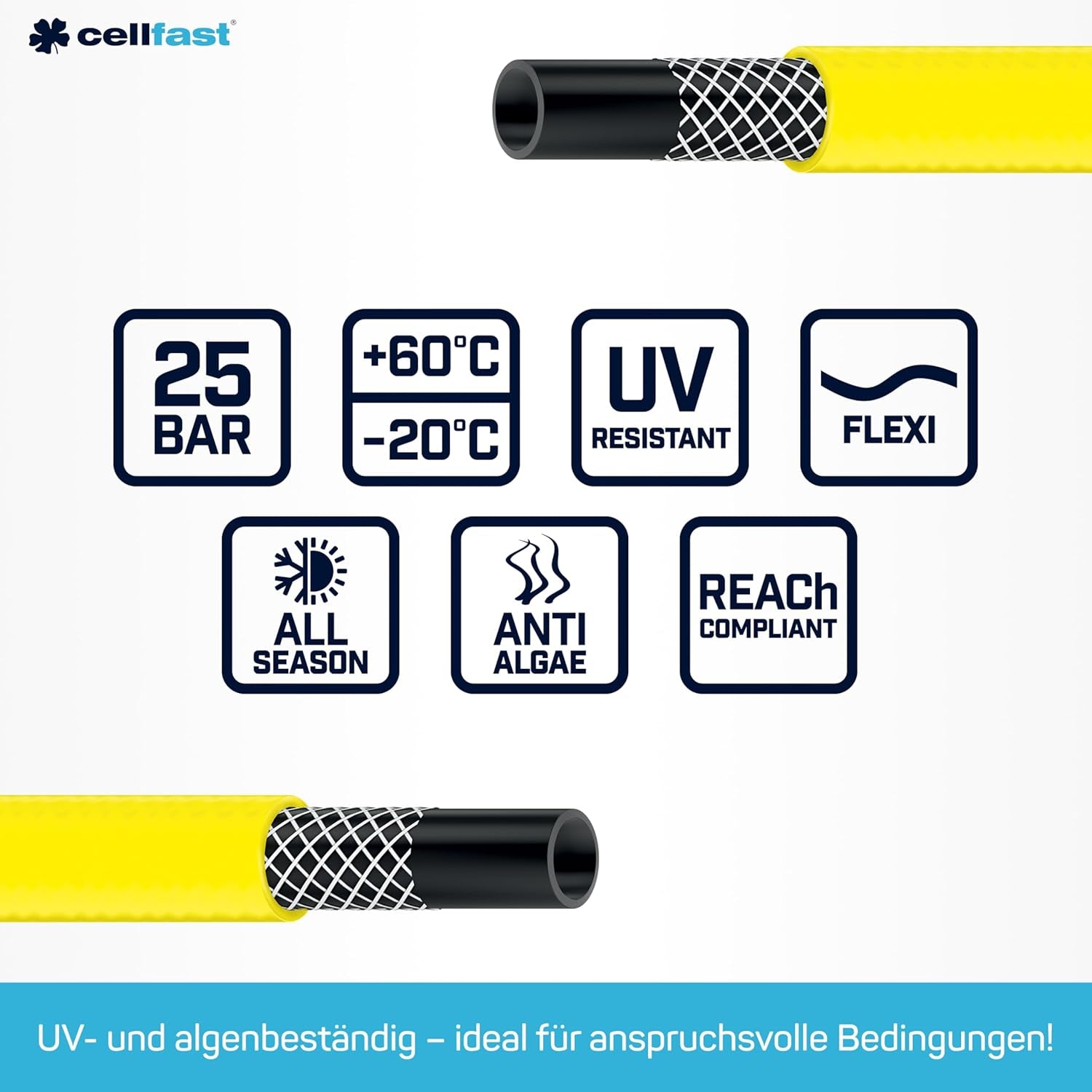 Furtun de grădină CELLFAST, 3,4 inch, furtun de apă cu 3 straturi, pentru grădină, furtun de irigații flexibil cu armare din fire durabile, rezistent la UV, anti-alge, 25 bar, 50 de metri și mai mult