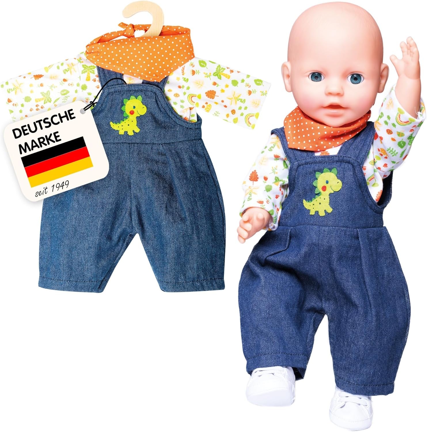 Heless 1115 - Bekleidungs-Set für Puppen im Dino-Design, 3 teilig mit Latzhose, T-Shirt und Halstuch, Größe 28 - 35 cm