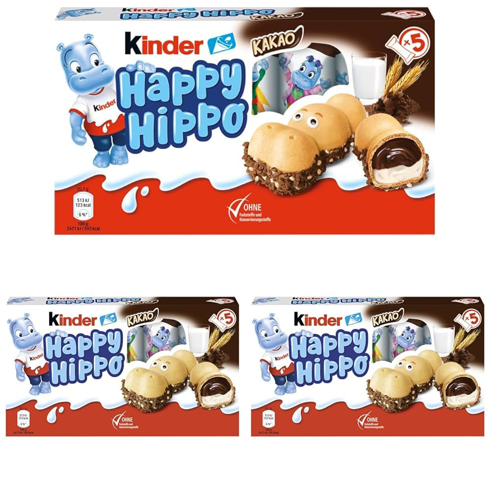 Kinder Happy Hippo Hazelnut - Specialty Crunchy Wafers with Milk and Hazelnut Cream - Carnival and Mardi Gras Sweets - 1 pack containing 5 individual bars of 20.7g each