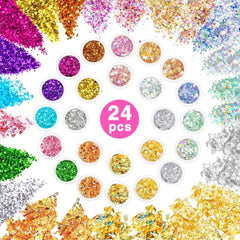 24 Farben Glitzer Set Mit Blattgold Und Glitzerpulver, Nageldesign Zubehör Pailletten Basteln Nail Art Glitter Mit Pinsel Für Nägel Gesicht Körper DIY Nagelkunst Make Up