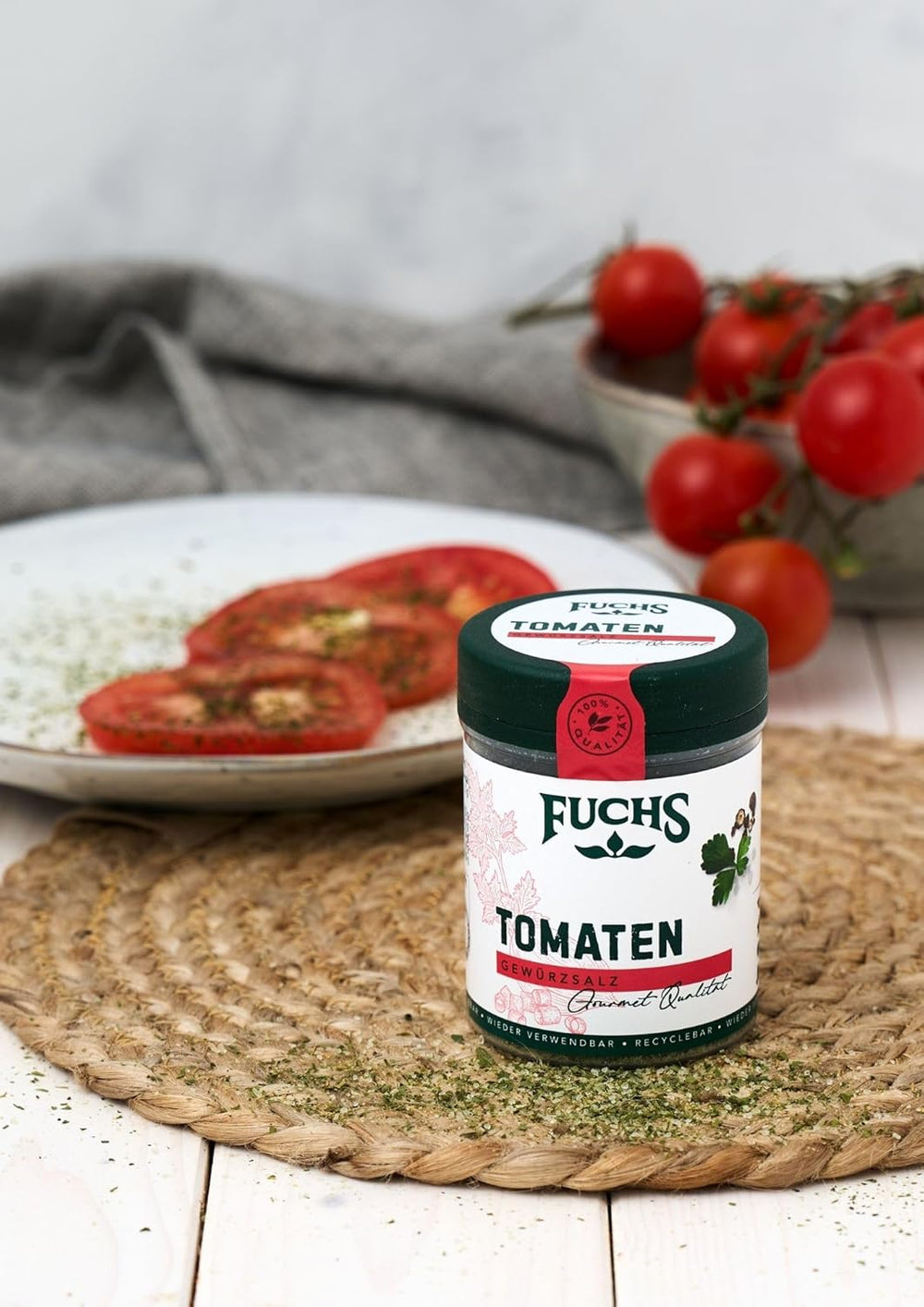 Fuchs Gewürze - Tomato Gewürz - Gewürzsalz für Tomatenbrot, Frühstücksei oder Steak - natural ingredients - 90 g in wiederverwendbarer, recyclebarer Dose