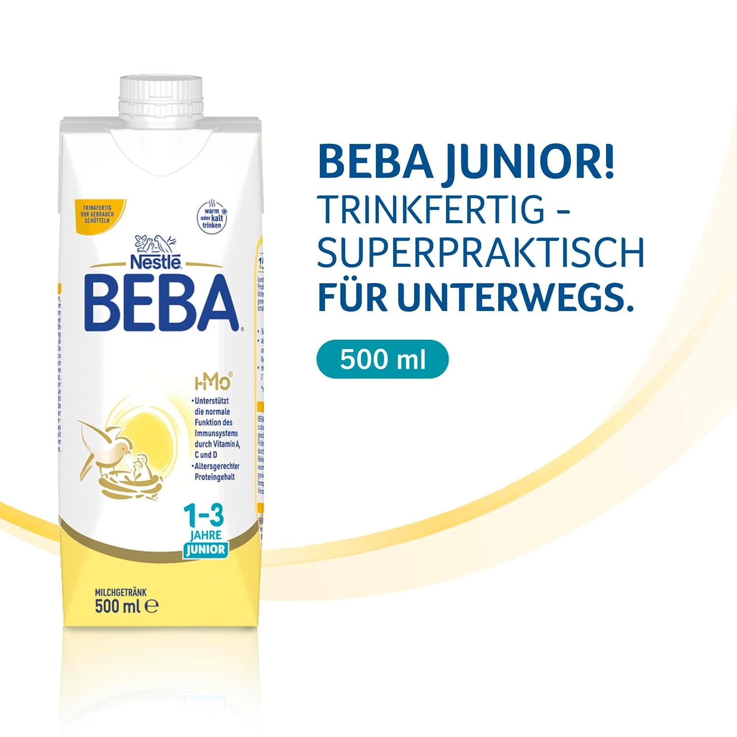 BEBA Junior Ready-to-Drink Milk Drink 1-3 Years, With HMO, Age Appropriate Protein Content, Palm Oil Free, Fish Oil Free, Toddler Food, Pack of 12 (12 x 500ml)