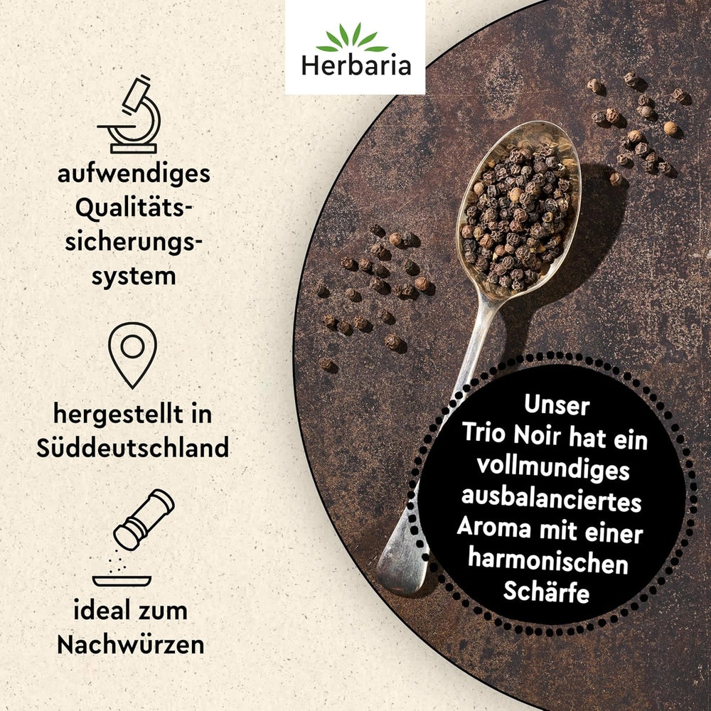 Herbaria Trio Noir bio 75g M-Dose – Bio Pfeffer schwarz ganz – ganze Pfefferbeeren – schwarze Pfeffermischung aus biologischem Anbau von drei verschiedenen Regionen - in nachhaltiger Aromaschutz-Dose