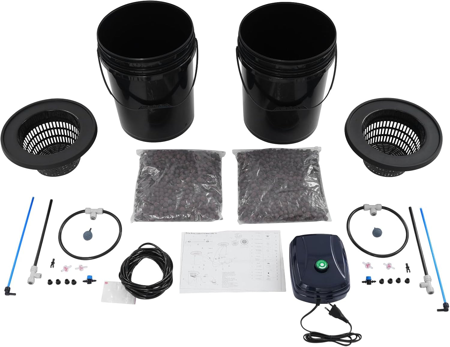 Complete DWC Hydroponic System Kit with 12W Air Pump, 2 Buckets (5 Gallon), Hydroponic Grow System, 2 Bags of Ceramsite, Pot Irrigation Kit