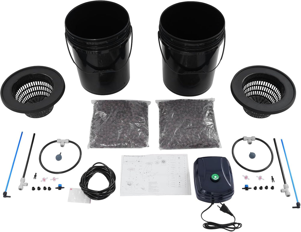 Complete DWC Hydroponic System Kit with 12W Air Pump, 2 Buckets (5 Gallon), Hydroponic Grow System, 2 Bags of Ceramsite, Pot Irrigation Kit