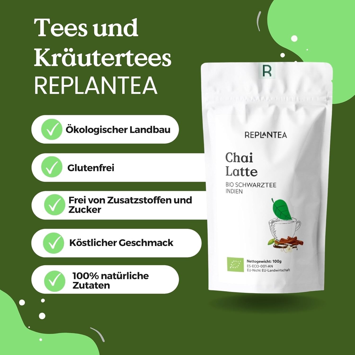Ceai Chai vrac organic 100 g (50 de cești) | Chai Latte fără zahăr, cu ghimbir fin, scorțișoară, vanilie, cardamom, anason REPLANTEA