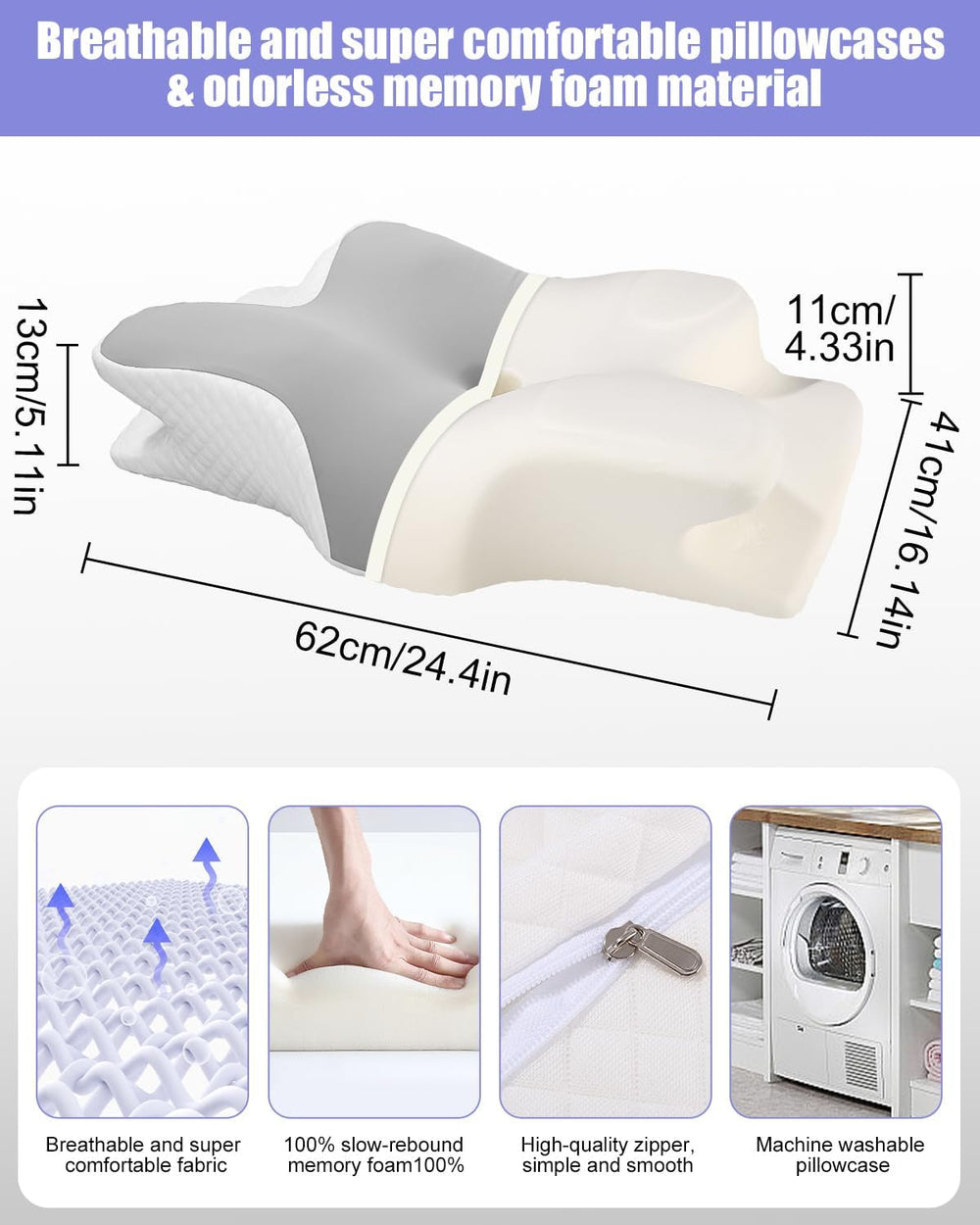 Pernă pentru gât, pernă de susținere laterală, pernă din spumă cu memorie, pernă ortopedică, pernă ergonomică de susținere a gâtului pentru susținere optimă Pernă pentru susținerea laterală a spatelui și a stomacului (62 X 41 X 13CM) Perne ortopedice cervicale Naty Shop