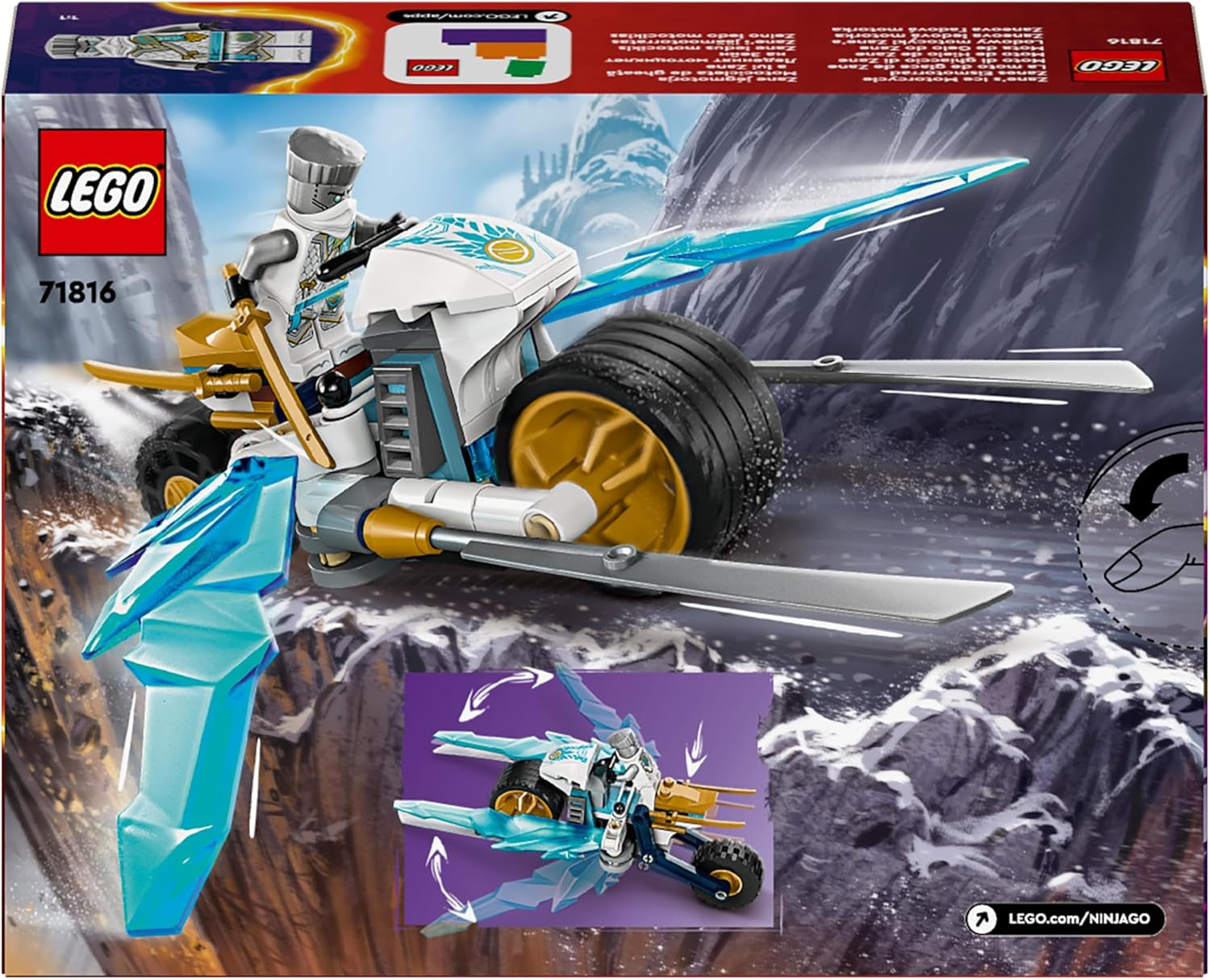 Motocicleta cu înghețată a lui LEGO NINJAGO Zane, set de joacă Ninja cu 1 minifigurină, jucărie de acțiune, vehicul mic construibil pentru copii, cadou pentru băieți și fete de la 7 ani 71816 Seturi de constructie Besuche den LEGO-Store