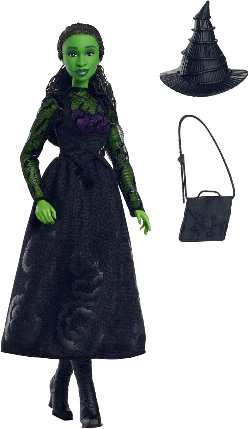 Mattel Wicked Elphaba păpușă de modă și accesorii cu piele verde, păr negru împletit, diferite poziții posibile și aspect de rochie de bal extensibilă, HXT62, [Multicolor] Papusi Naty Shop