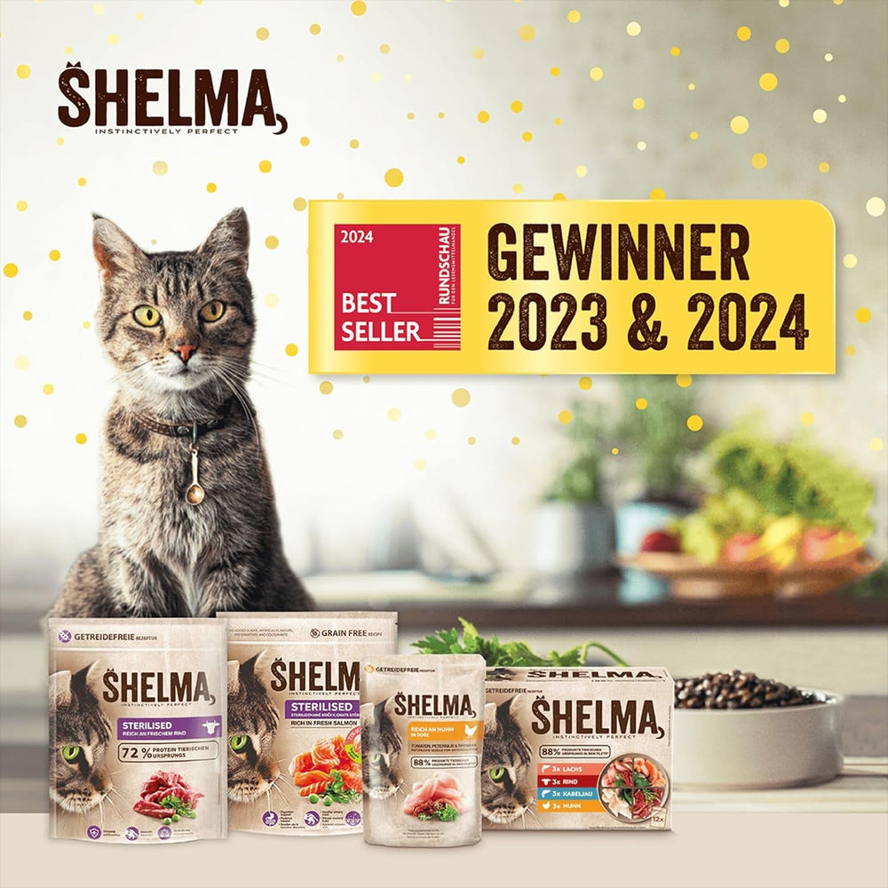 Shelma Hrană umedă pentru pisici Megapack cu carne de vită, curcan, pui și rață – Hrană completă fără cereale cu conținut ridicat de carne – 40 x 85 g (3,4 kg)