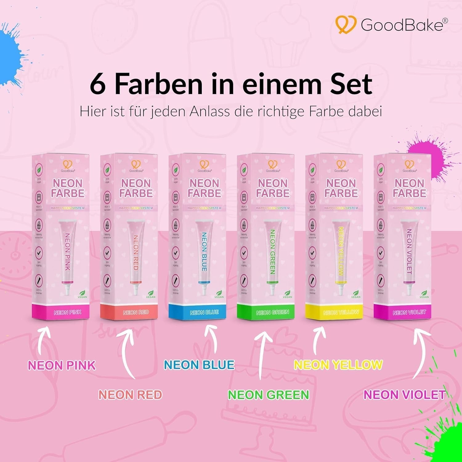 Goodbake Neonlebensmittelfarben 6 Farben Set – Intensive Lebensmittelfarbe – Lebensmittelfarbpaste – Zum Einfärben Von Torten, Fondant, Buttercreme Uvm. – 100% Vegan Naty Shop