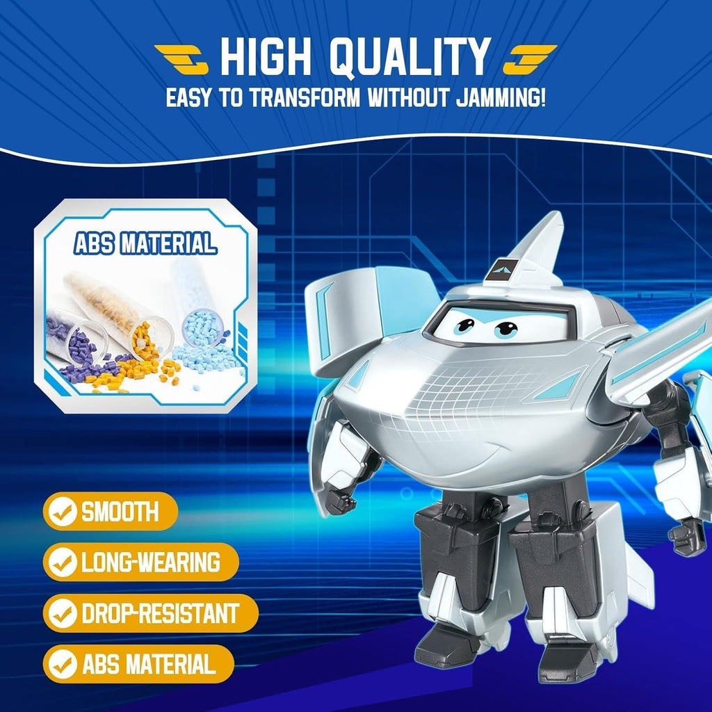 Super Wings Transformation Plane Supercharged Traver, Aprox. 12.7 Cm Figură mare de joacă pentru copii, avion de jucărie și figură de robot pentru băieți și fete de peste 3 ani, argintiu Action figures Naty Shop
