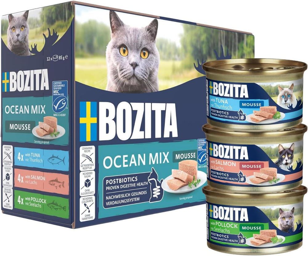 Bozita Mousse Ocean Mix – 12 x 85g hrană umedă pentru pisici cu ton, somon sau cod galben – fără cereale, fără zahăr și coloranți artificiali – cu postbiotice pentru o floră intestinală sănătoasă