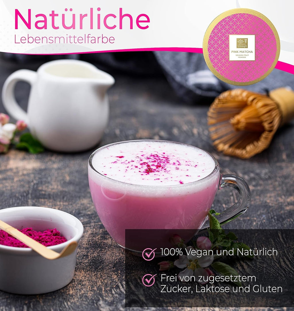 Tea Uniqo - Ceai Matcha roz pudră - Ideal pentru înghețată, latte, shake-uri, coacere sau gătit - Pudră de fructul dragonului Pitaya, 100% natural, fără aditivi, în cutie resigilabilă