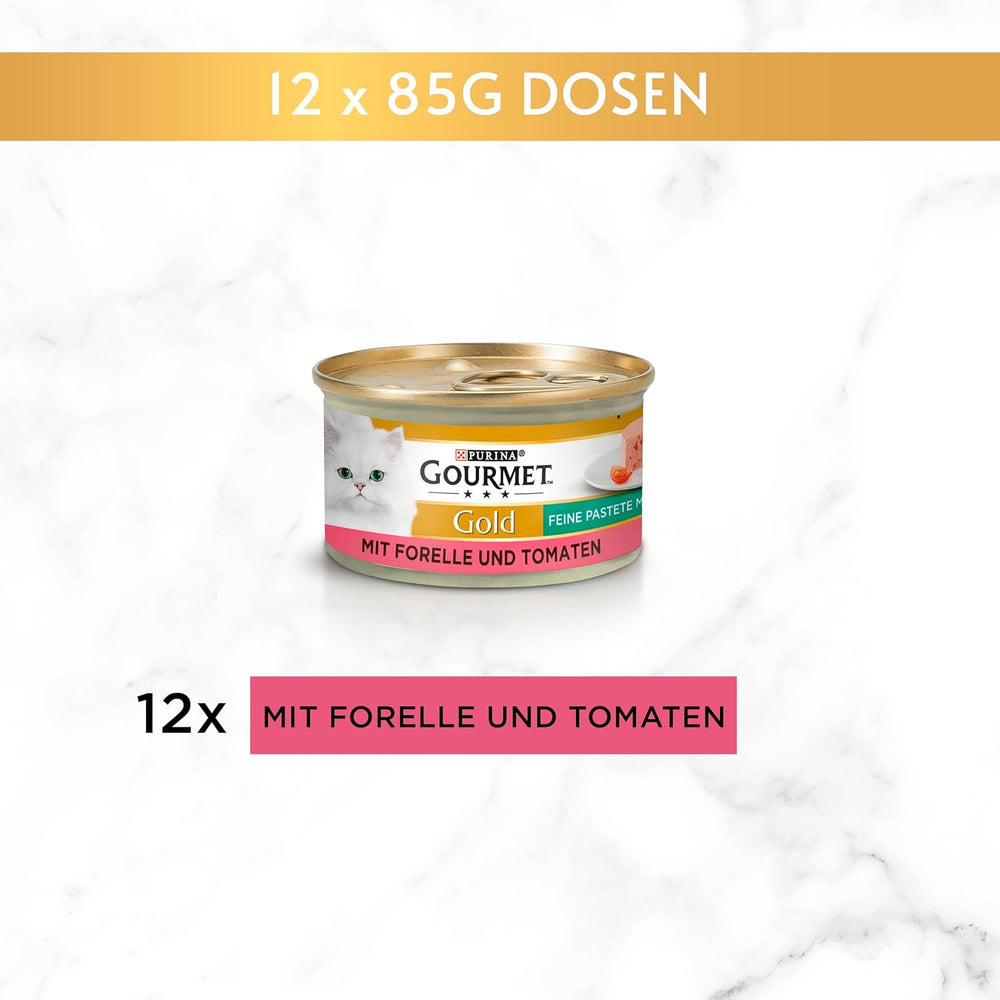 Pate fin Gourmet Gold cu legume, hrană umedă pentru pisici cu păstrăv și roșii, pachet de 12 (12 x 85g)