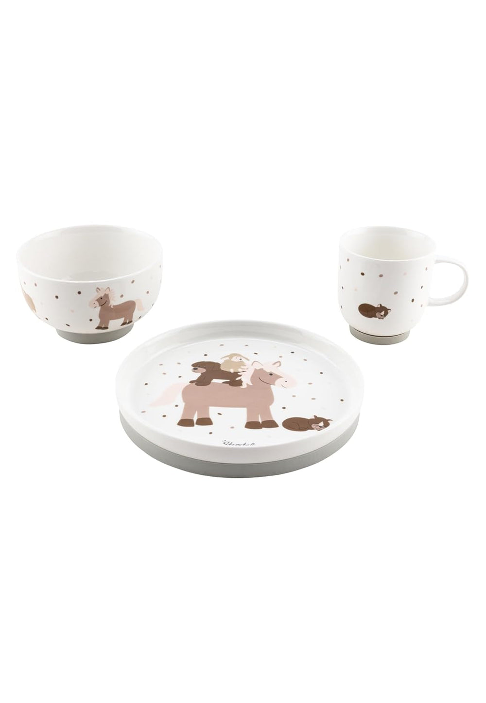Set de veselă din porțelan Sterntaler, design rustic - Set de veselă cu bază din silicon antiderapantă și detașabilă - Veselă pentru bebeluși și copii cu farfurie, bol de 400 ml și cană de 200 ml, alb