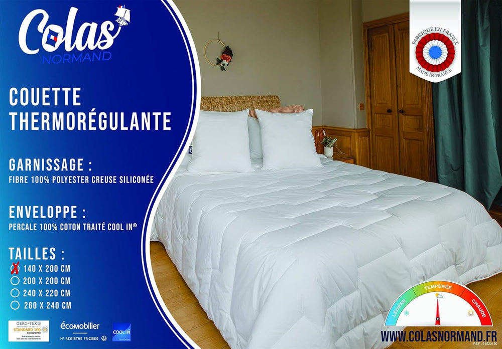 COLAS NORMAND Thermoregulating quilt, Cool In, Temperate, 140 X 200 Cm, Sweat, Optimal ventilation, 100% percale, Fresh Feel, French, 53130255, White Quilts and quilts Naty Shop