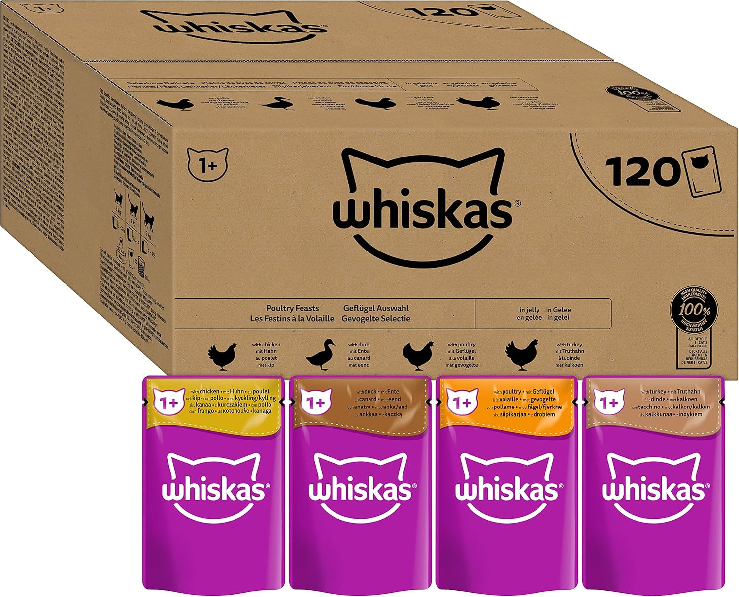 Hrană umedă pentru pisici Whiskas Adult 1+ Poultry selection in jelly, 120 pliculețe, 120X85G (1 pachet vrac) - Hrană umedă de înaltă calitate, Pentru pisici adulte