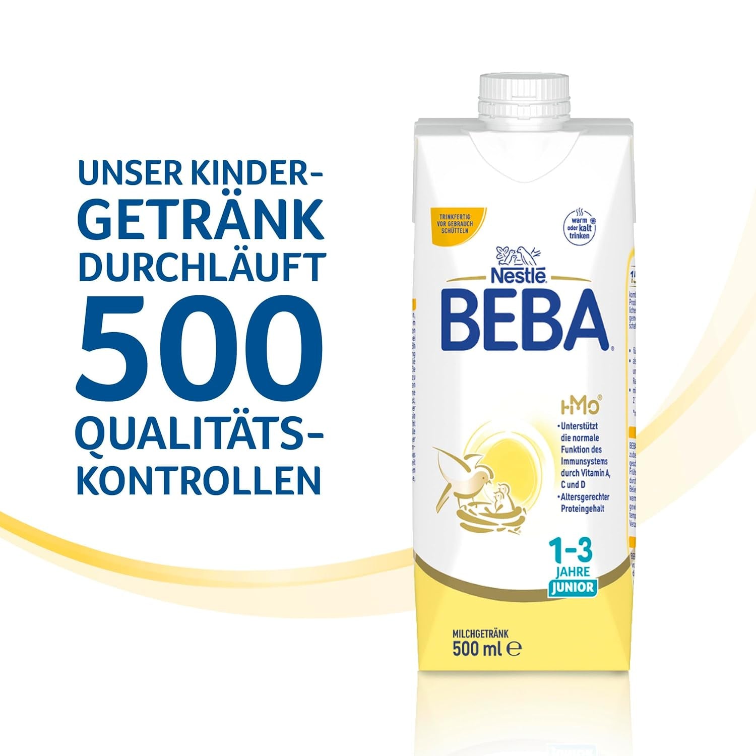 BEBA Junior Ready-to-Drink Milk Drink 1-3 Years, With HMO, Age Appropriate Protein Content, Palm Oil Free, Fish Oil Free, Toddler Food, Pack of 12 (12 x 500ml)
