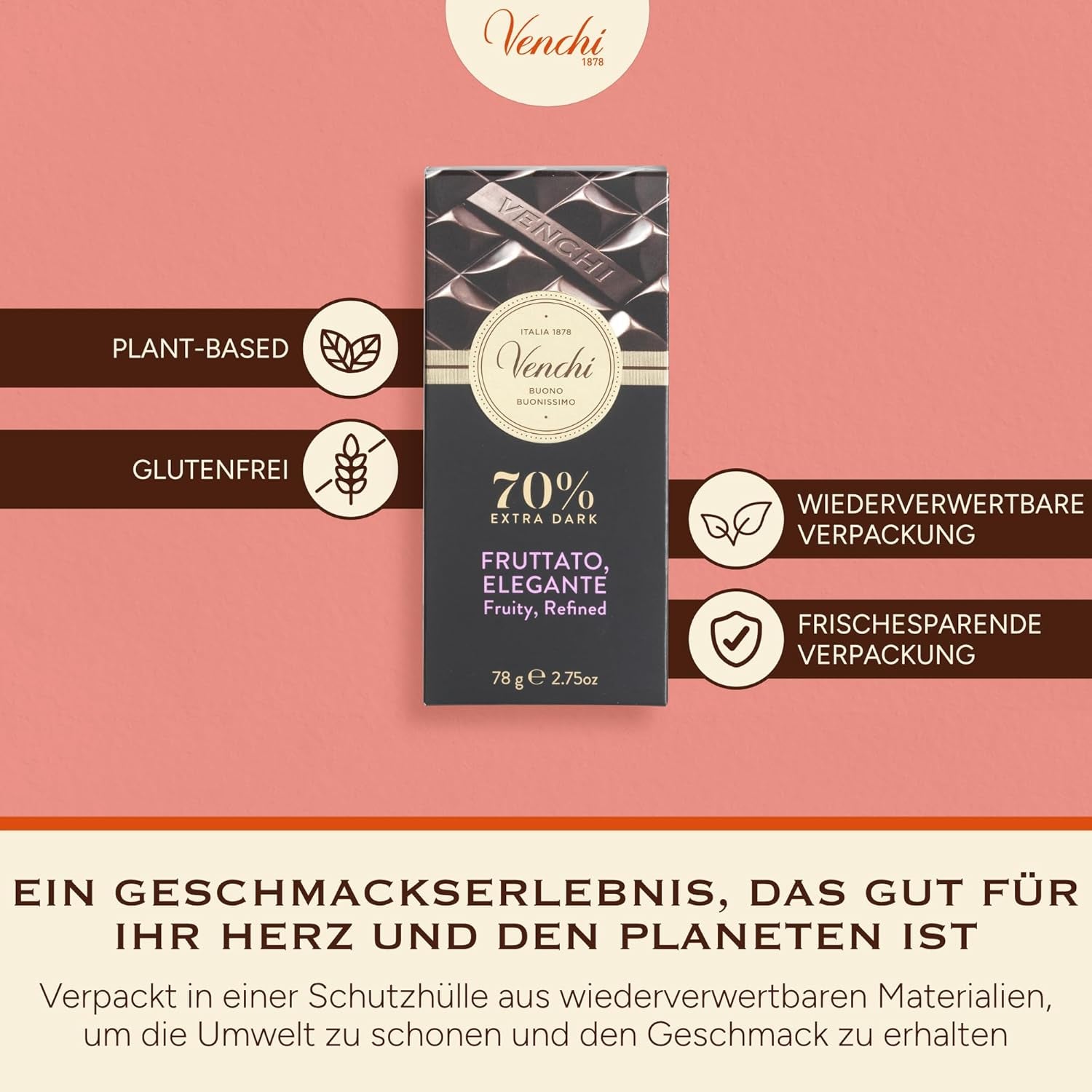 Venchi - Dark chocolate 70%, 78 g - With selected cocoa blends - Gluten free - Vegan