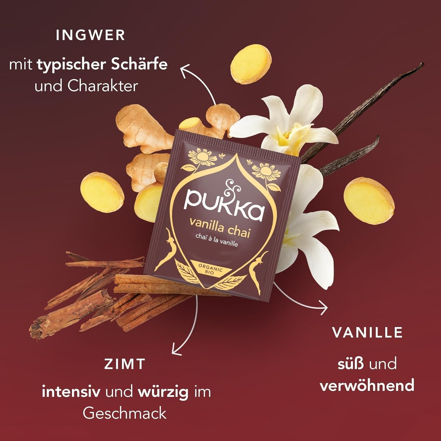 Pukka | Amestec de ceaiuri aromatizate bio „Vanilla Chai” | Scorțișoară, ghimbir și vanilie | Ceai pentru o răsfățare cu dulceață naturală | Pachet de 1 | 20 pliculețe de ceai