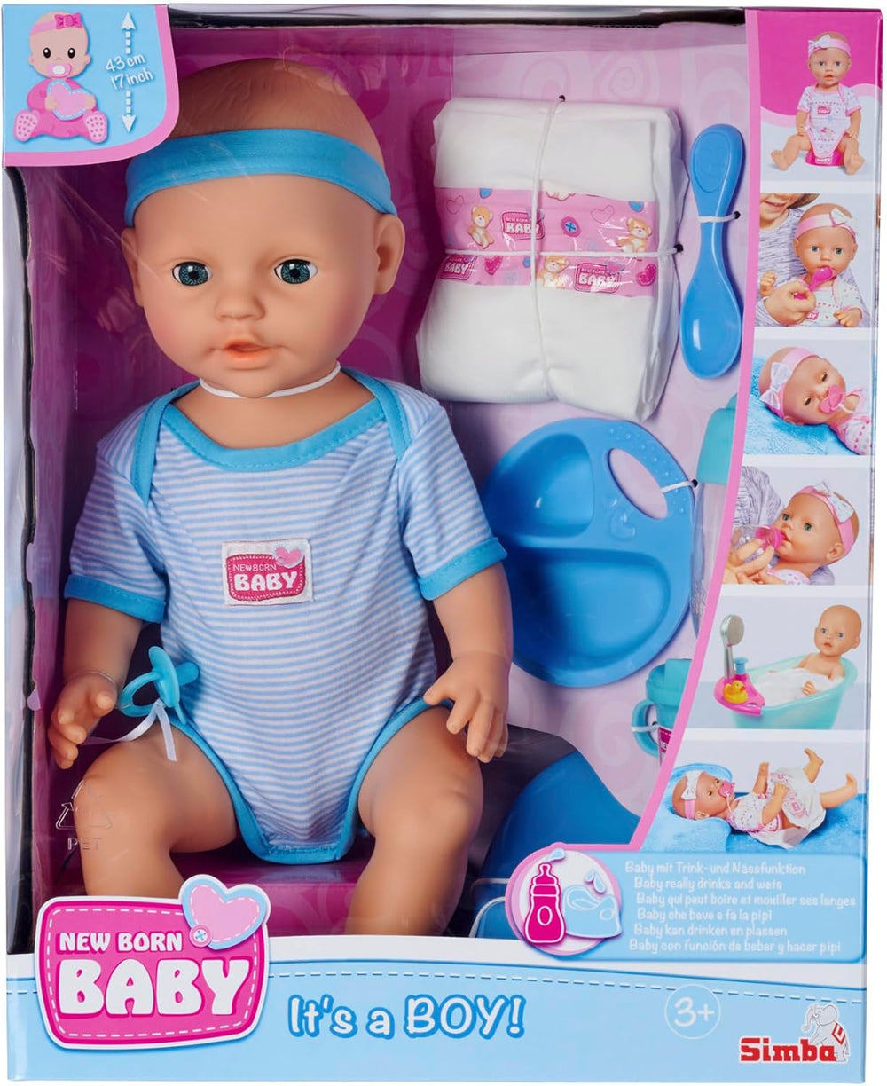 Simba 105030044 - Păpușă nou-născută - Băiat, Păpușă din vinil integral cu ochi adormiți, funcție de băut și ud și accesorii, 8 piese, 43 cm, Păpușă bebeluș, vârste 3+