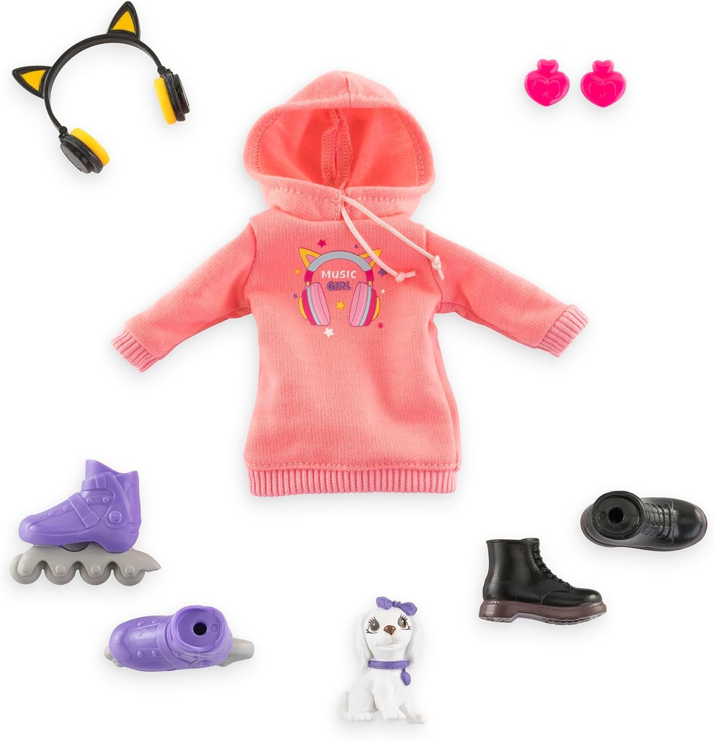 Corolle Girls Melody Music und Fashion Set, Ankleidepuppe im cool Hoodiekleid mit Hund, trendy Kopfhörer, Ohrringe und extra Inlineskates, Vanilleduft, 28cm, ab 4 Jahren