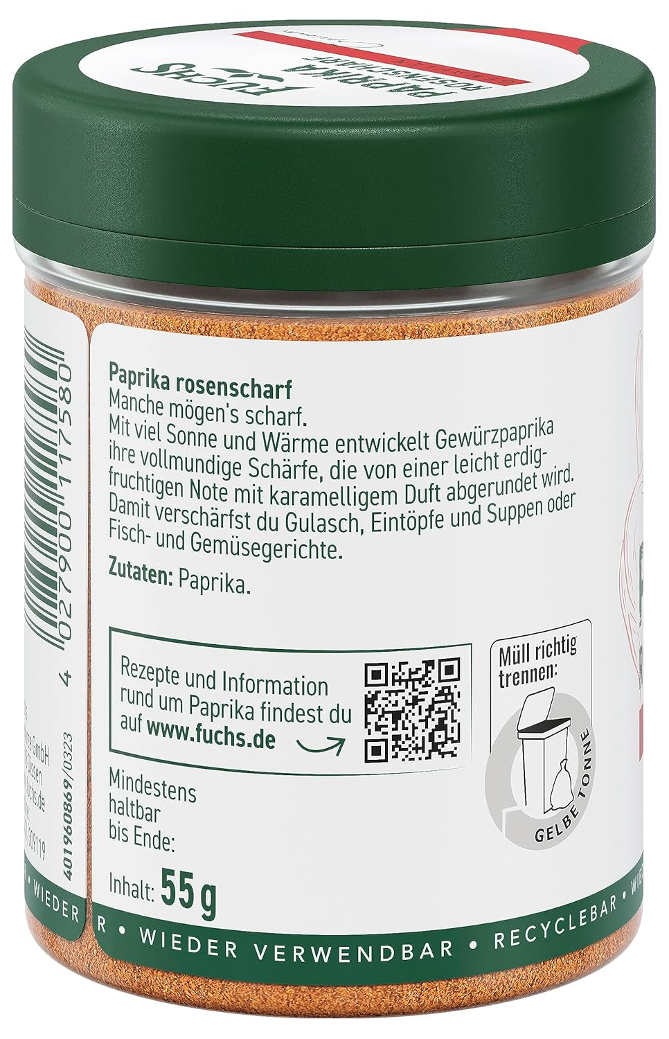 Fuchs Gewürze - Paprika rosenscharf gemahlen - schärfer Gesmack für Gulasch, Eintöpfe oder Gemüsegerichte - natural ingredients - 55 g in wiederverwendbarer, recyclebarer Dose