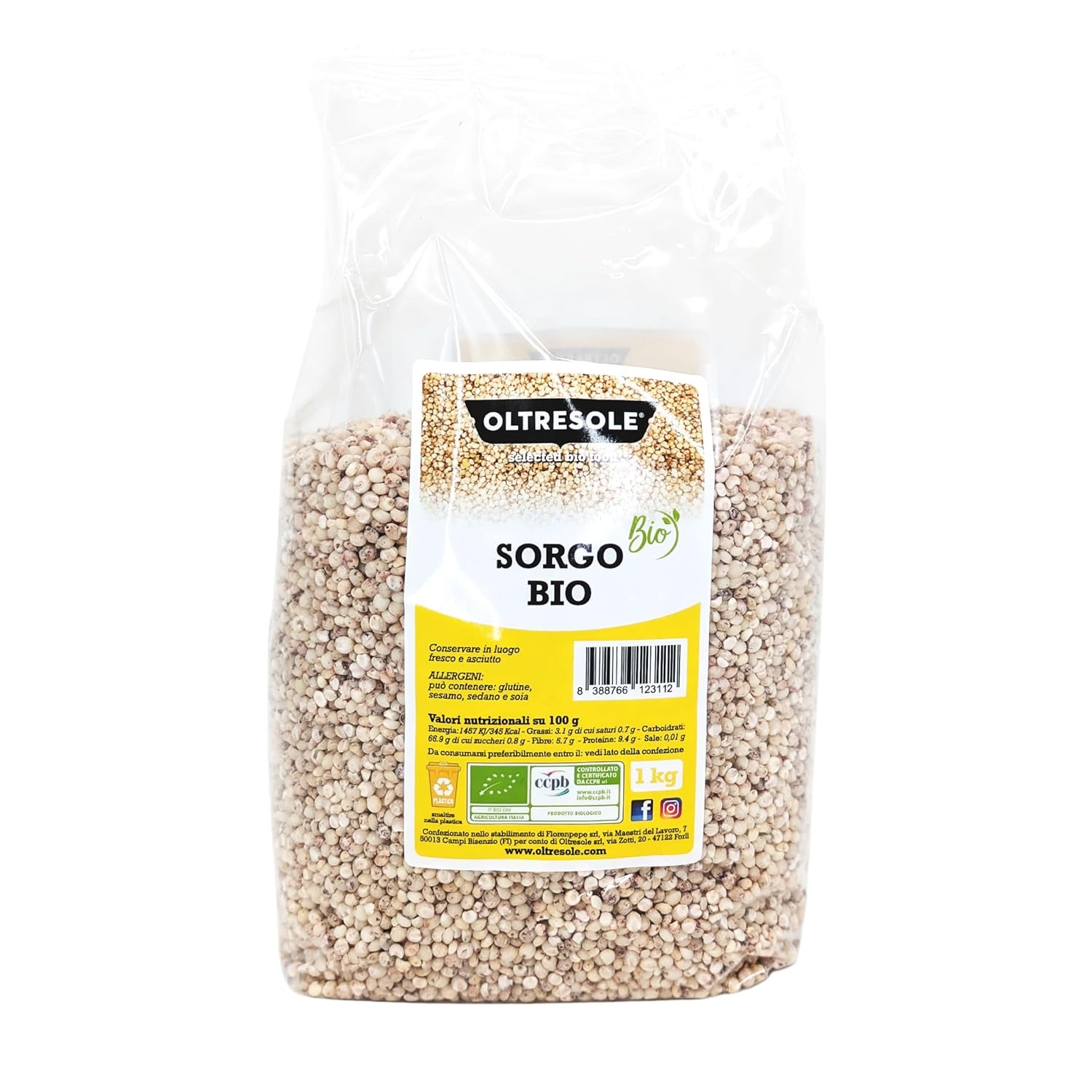 Organic white sorghum, 1 kg, shelled, raw grain, organically grown in Italy, ideal package for the family