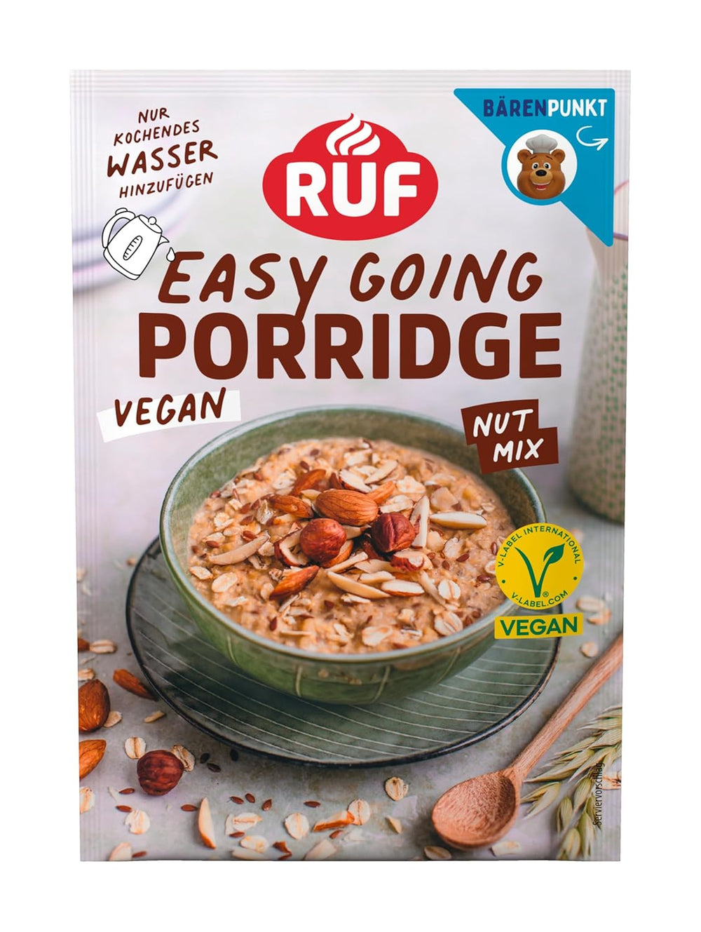 RUF Vegan Porridge with Nuts and Oats, oat flakes with almonds, hazelnuts and flax seeds, easy to prepare, in a practical portion pack, 1 x 60 g