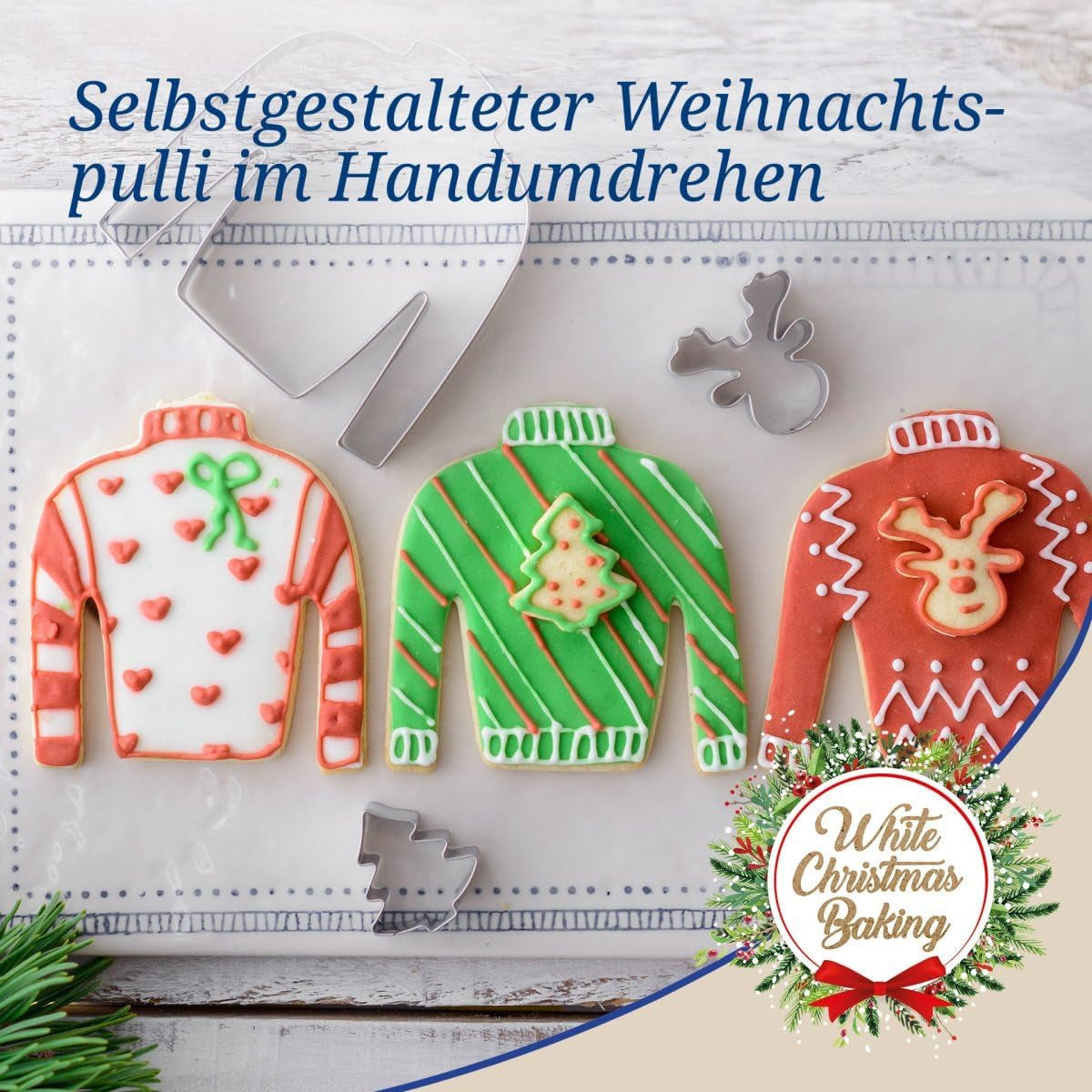 Set de 3 forme de biscuiți Dr. Oetker, model pulover urât de Crăciun – Forme de biscuiți, alb, Crăciun, copt – Forme de biscuiți din oțel inoxidabil pentru Crăciun