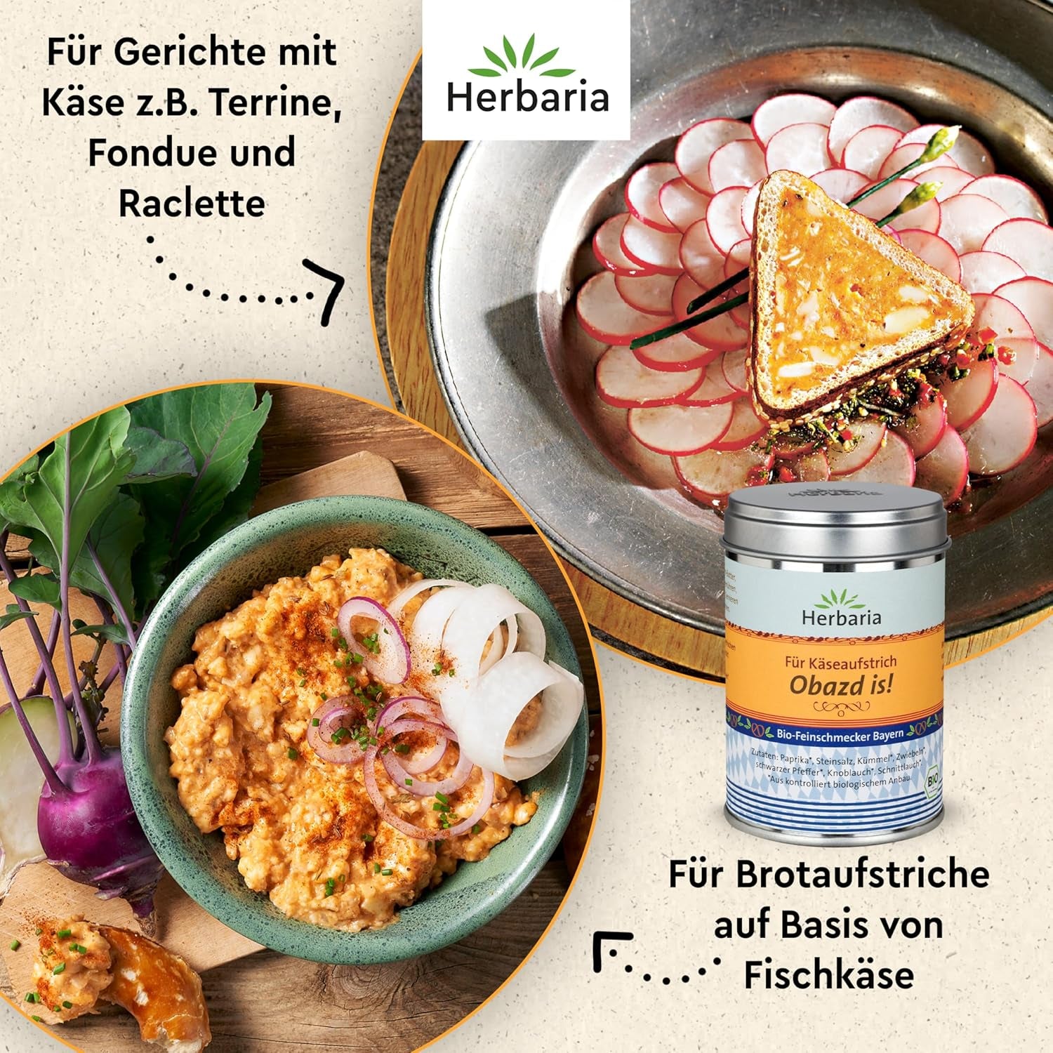Herbaria Obazd is! bio 90g M-Dose – Bio-Gewürzmischung bayerischen Biergartenklassiker Obazda – for Brotaufstriche, Käsegerichte, Käsefondue – Raclette Gewürz - in nachhaltiger Aromaschutz-Dose