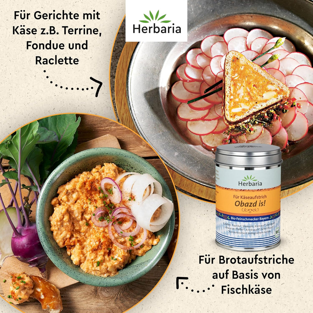 Herbaria Obazd is! bio 90g M-Dose – Bio-Gewürzmischung bayerischen Biergartenklassiker Obazda – for Brotaufstriche, Käsegerichte, Käsefondue – Raclette Gewürz - in nachhaltiger Aromaschutz-Dose