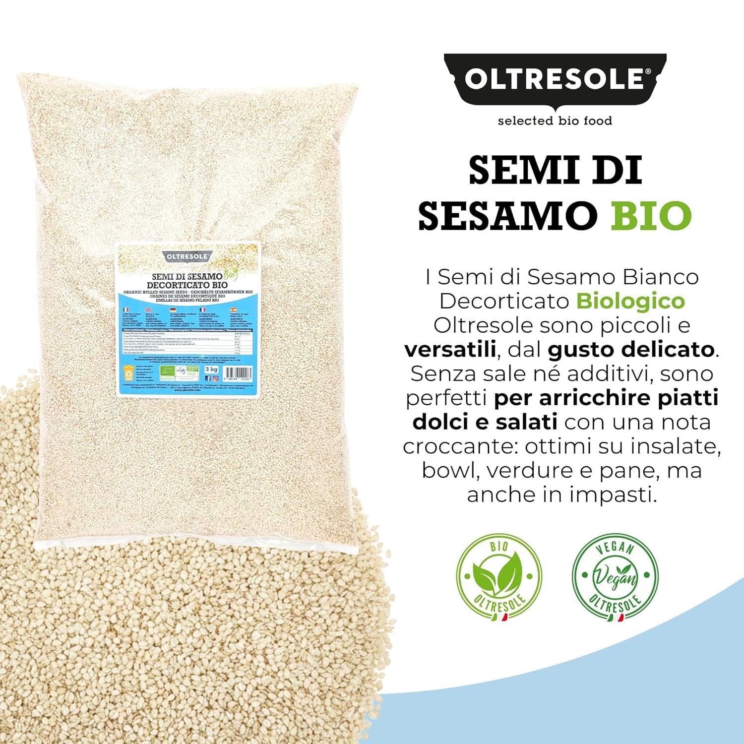 Organic Sesame Seeds 3kg, Raw Organic Oilseeds, White Sesame, Naturally Hulled, Unroasted, Source of Calcium and Iron, Economy Package
