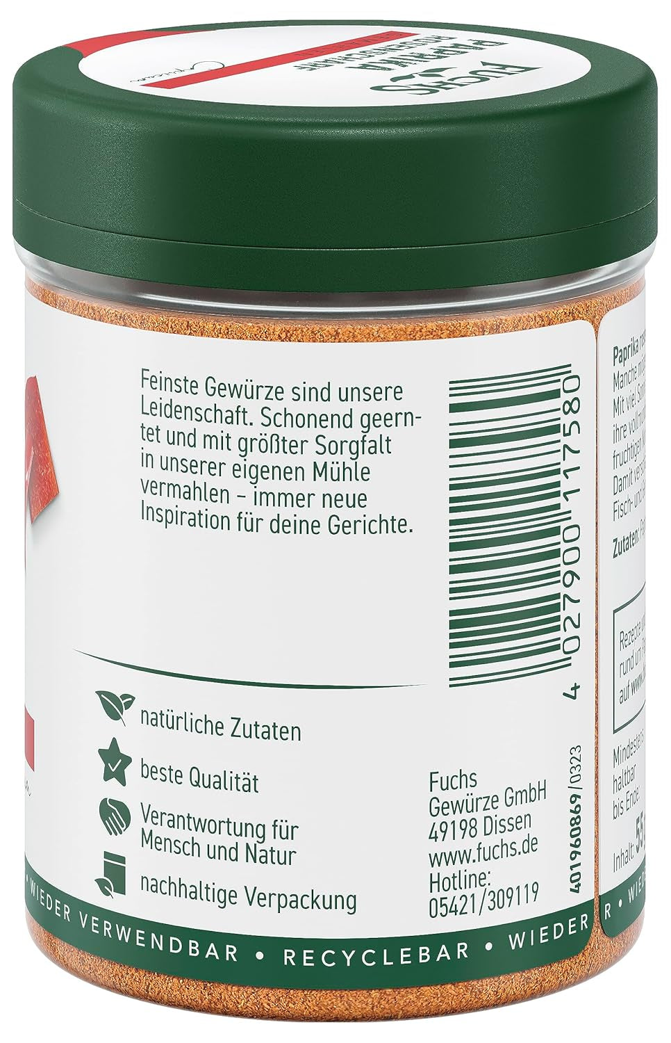 Fuchs Gewürze - Paprika rosenscharf gemahlen - schärfer Gesmack für Gulasch, Eintöpfe oder Gemüsegerichte - natural ingredients - 55 g in wiederverwendbarer, recyclebarer Dose
