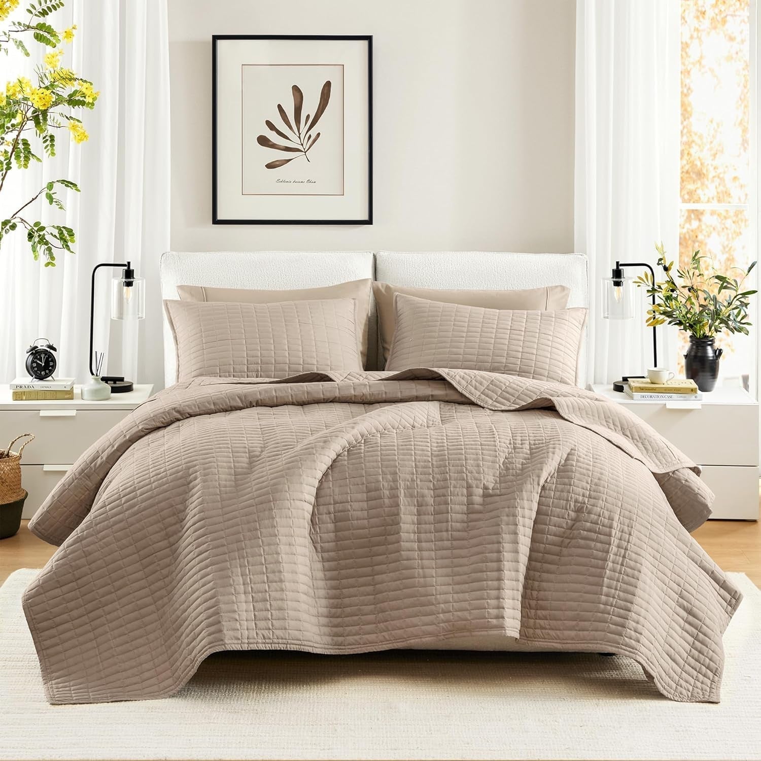 Comfort Spaces Kienna Quilt Set Luxury Double Stitch Summer Blanket Lightweight Soft All Year Bedding Matching Pillowcases White Blanket for King Size Beds (264.2 X 228.6 Cm) Naty Shop Taupe Quilt King/Cal King(104"X90")