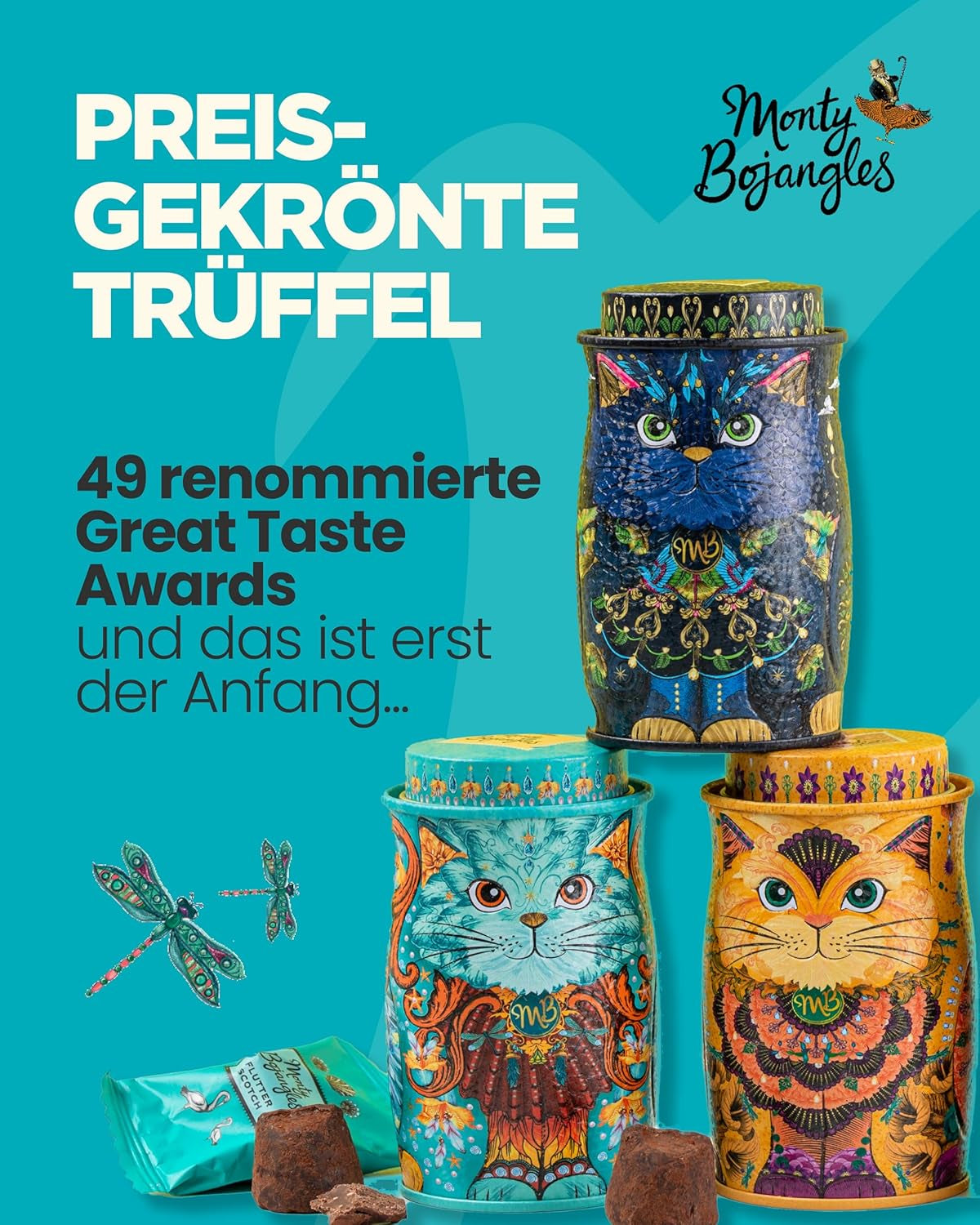 Monty Bojangles Savanna Gold Chocolate Truffles (135g) Cocoa Powder Praline Gift Set in an Individual Cat Design Collector's Box Flutter Scotch Flavor