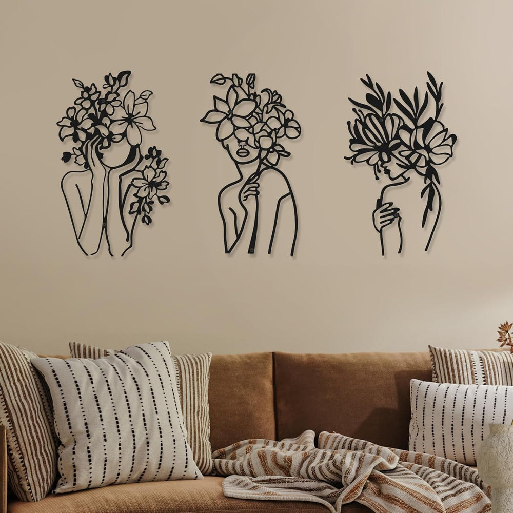 3 bucăți Metal Minimalist Woman Wall Art Deco Modern Metal Abstract Woman Wall Art Female Single Line Line Drawings to Hang for Living Room (negru, modern) Statuete si sculpturi Naty Shop Negru Vivid