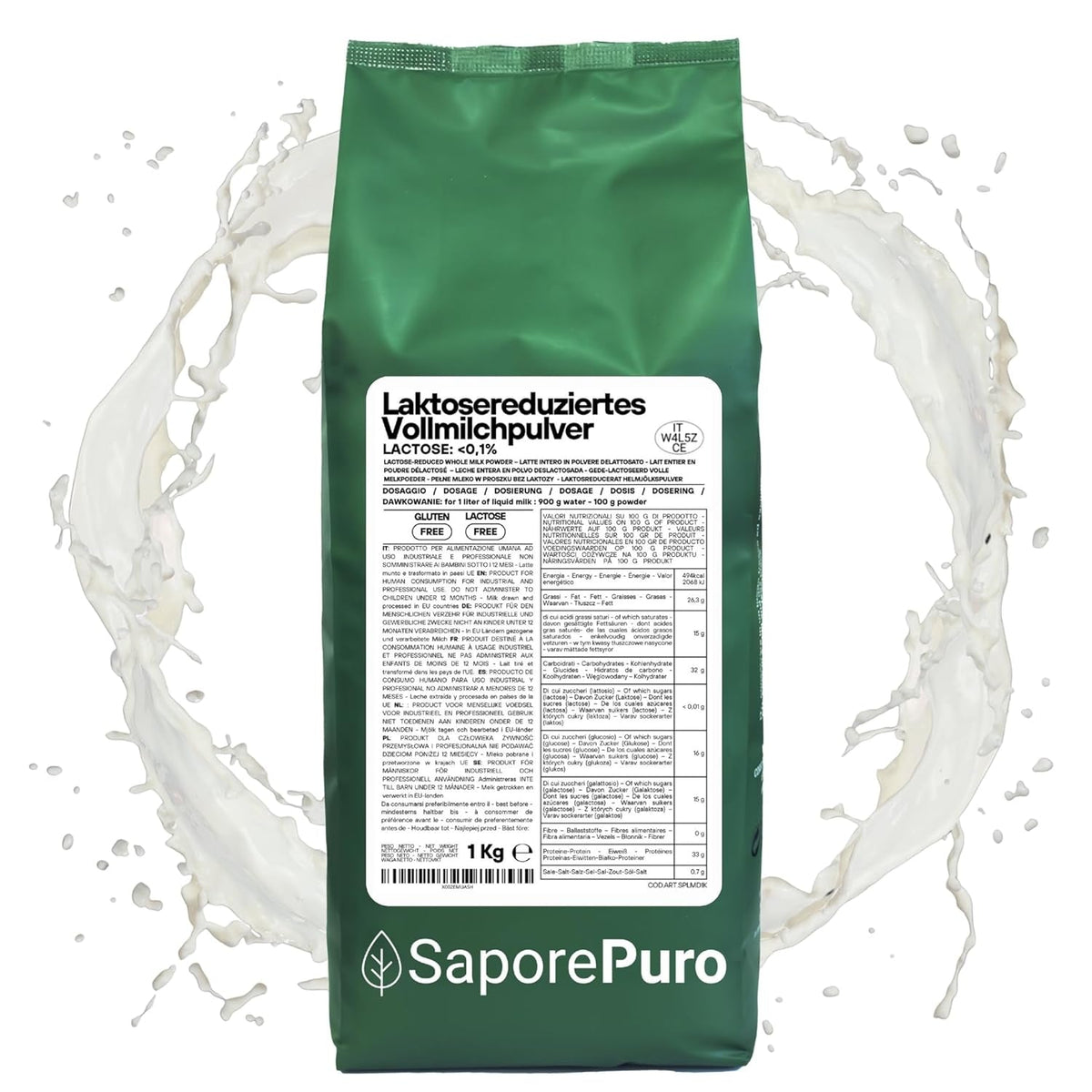 Laktosefreies Vollmilchpulver 1 kg | Hohe Löslichkeit | Ideal für Backwaren, Brot und Speiseeis | Professionelle und industrielle Verwendung | Laktosefrei | Glutenfrei