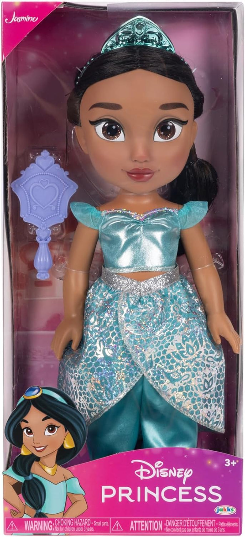Disney Princess Jasmin Puppe 35cm, reflektierende Glitzeraugen, bewegliche Gelenke, ausziehbares Outfit, Schuhe, Krone, langes geflochtenes Haar, für Mädchen ab 3 Jahren